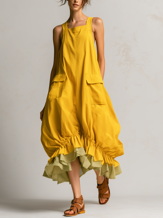 Philippine | Robe Midi Bulle Jaune Sans Manches à Grandes Poches et Ourlet à Volants Superposés