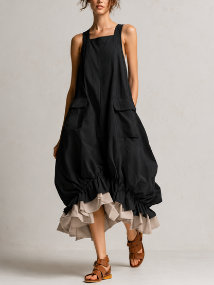 Prudence | Robe Midi Bulle Noire Sans Manches à Grandes Poches et Ourlet à Volants Superposés