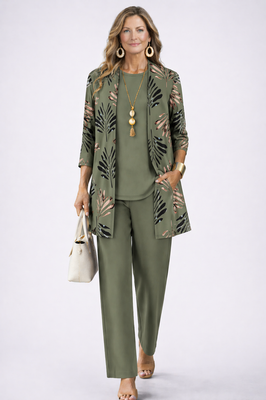Ensemble trois pièces femme avec cardigan imprimé