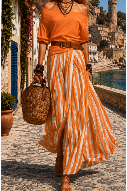 Ensemble femme bohème jaune avec jupe longue rayée