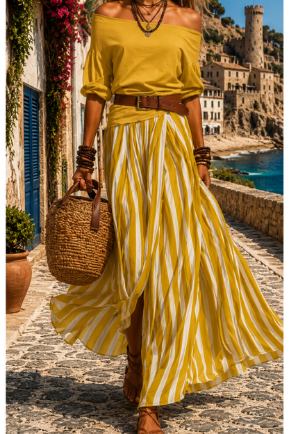 Ensemble femme bohème jaune avec jupe longue rayée
