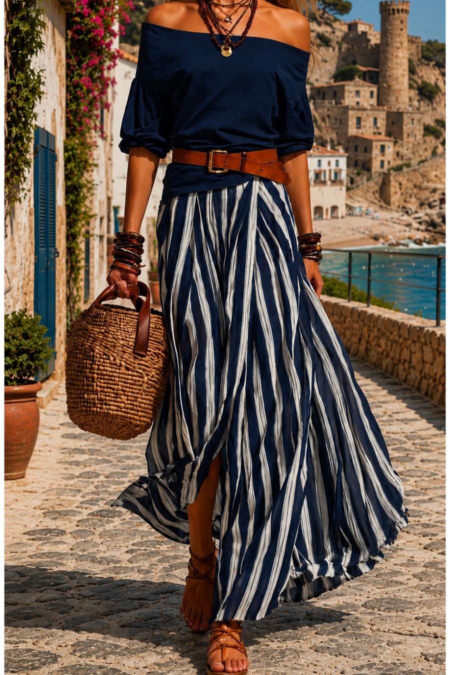 Ensemble femme bohème jaune avec jupe longue rayée