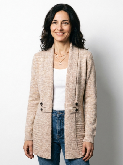 Cardigan femme long en maille avec boutons décoratifs
