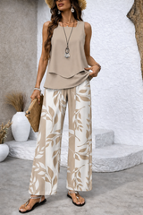 Ensemble femme beige avec top superposé et pantalon large imprimé