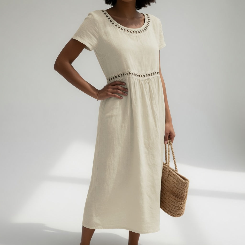 Pernelle™ | Robe mi-longue 100 % coton brodée, à la féminité douce