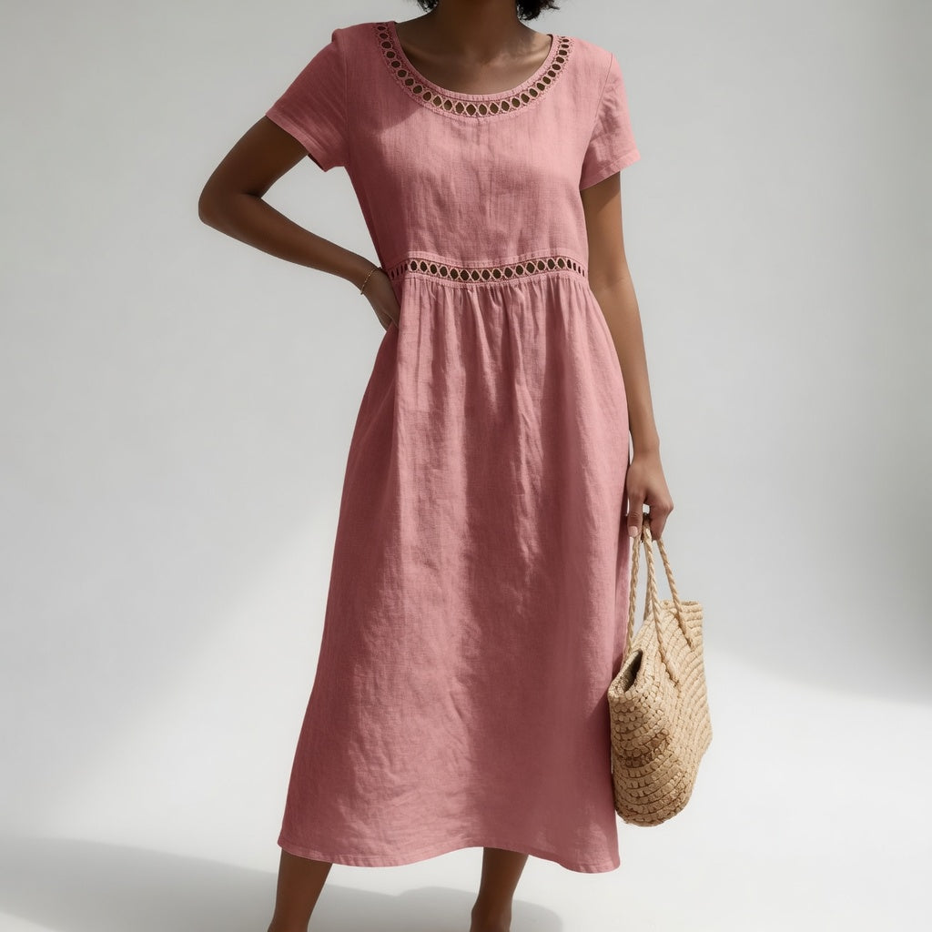 Pernelle™ | Robe mi-longue 100 % coton brodée, à la féminité douce