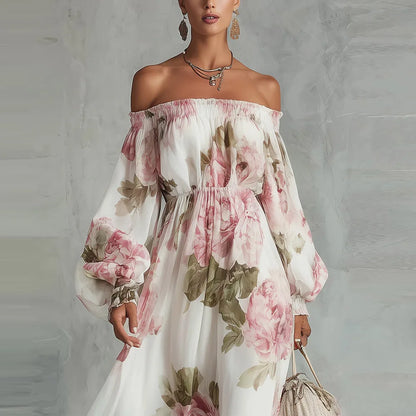 Robe maxi femme épaules dénudées à imprimé floral