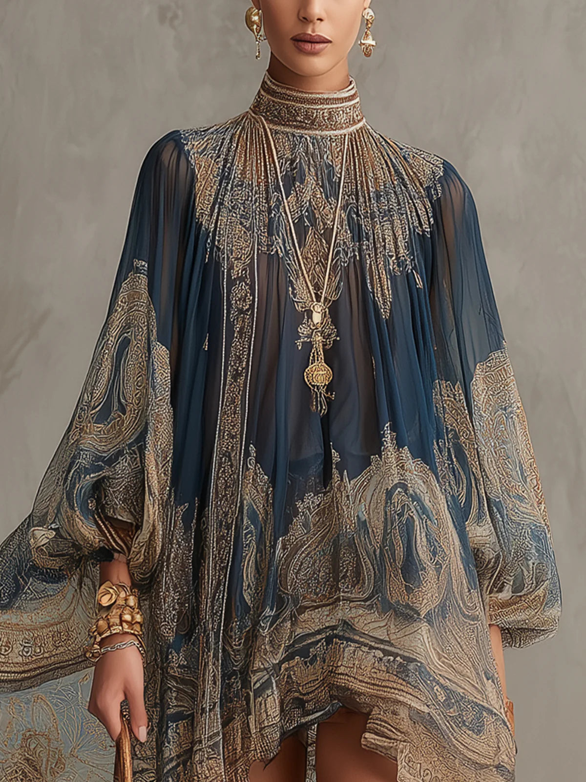 Bérénice | Mini-robe asymétrique en mousseline à imprimé baroque bleu marine et col montant