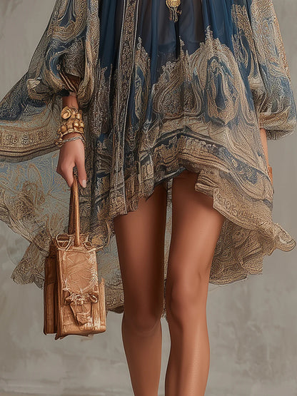 Bérénice | Mini-robe asymétrique en mousseline à imprimé baroque bleu marine et col montant