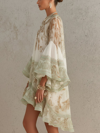Rosalie | Mini-robe en mousseline à manches volantées et ourlet rayé vert