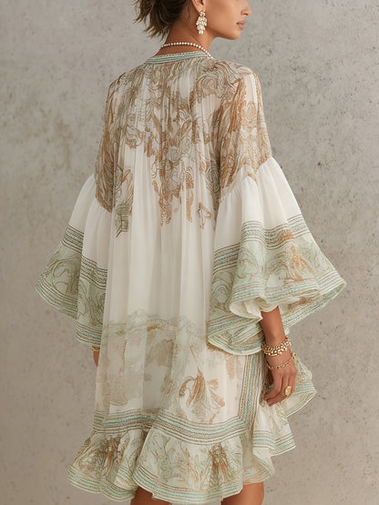 Rosalie | Mini-robe en mousseline à manches volantées et ourlet rayé vert