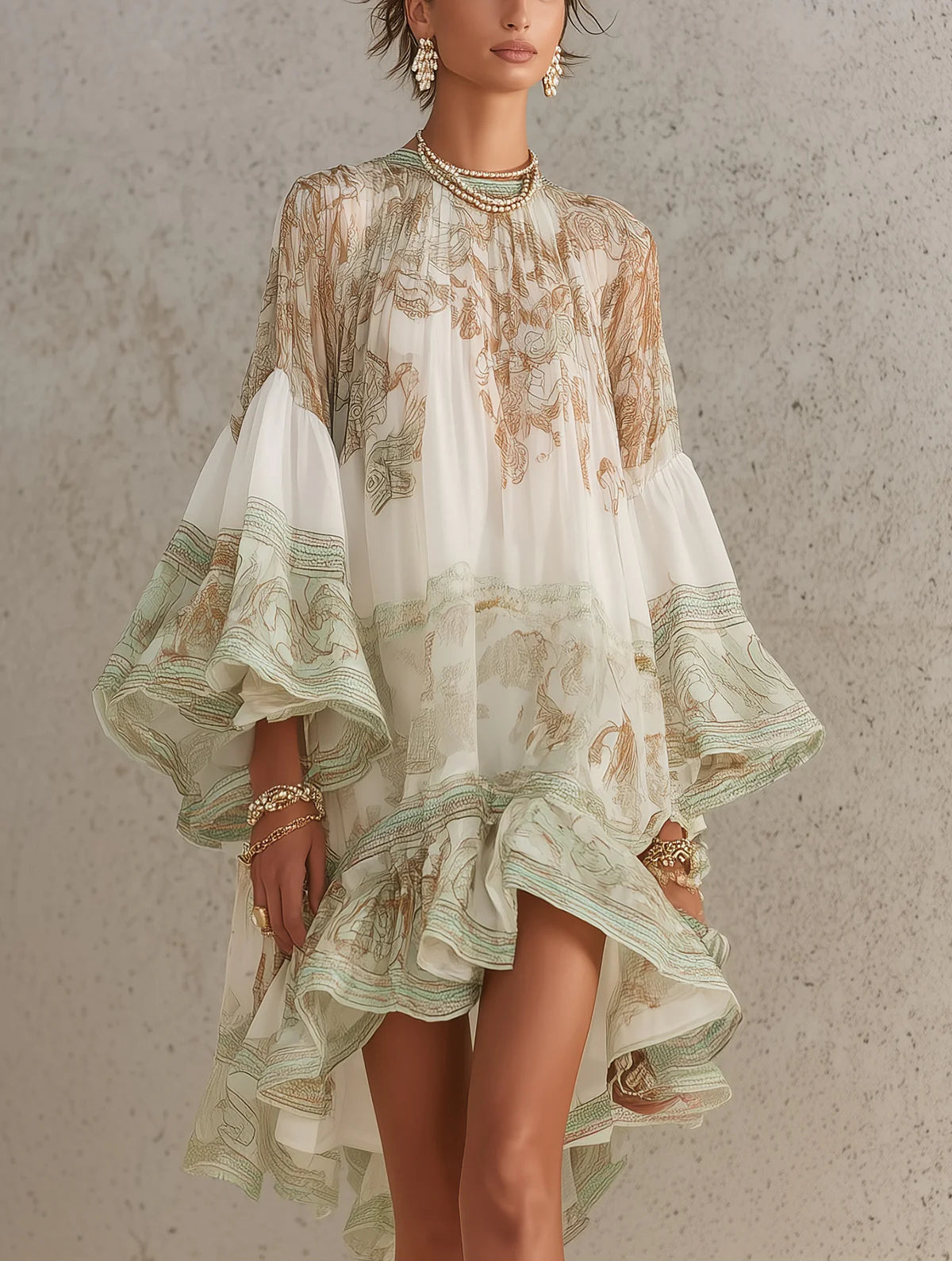 Rosalie | Mini-robe en mousseline à manches volantées et ourlet rayé vert