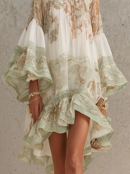 Rosalie | Mini-robe en mousseline à manches volantées et ourlet rayé vert