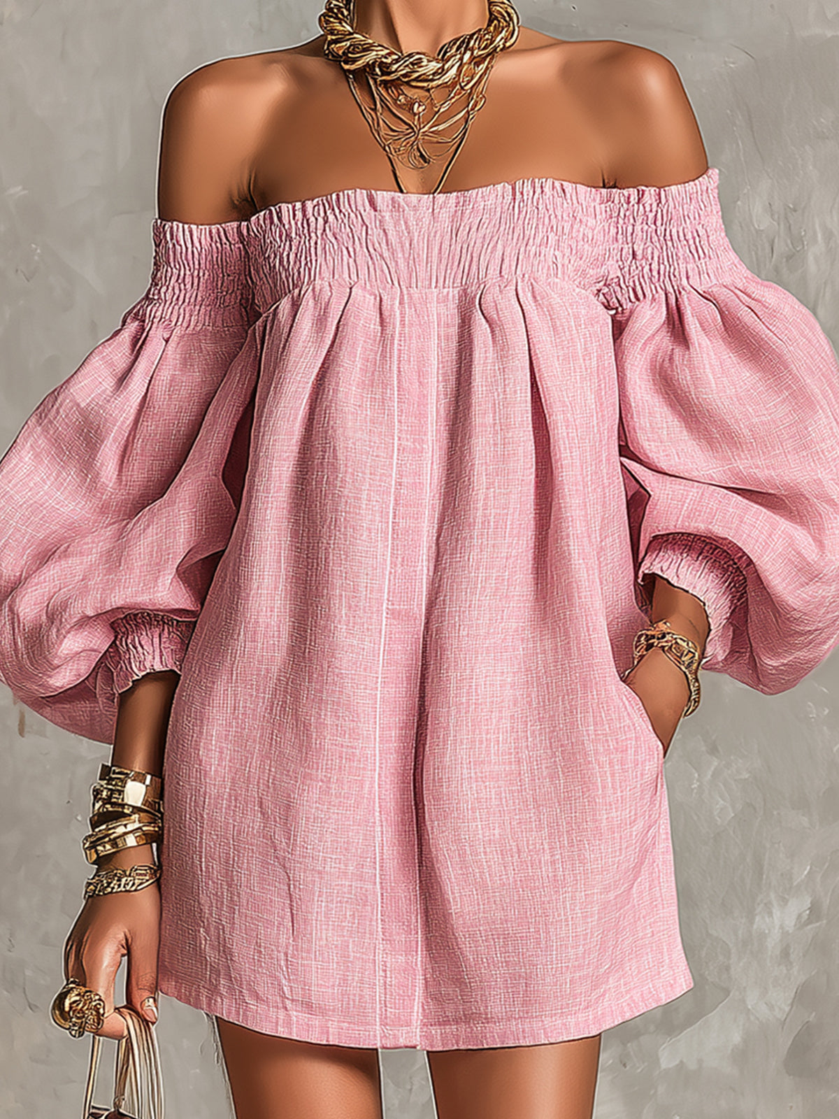 Violette | Robe mini trapèze rose à manches lanterne et épaules dénudées