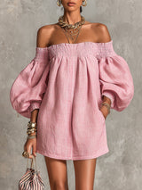 Violette | Robe mini trapèze rose à manches lanterne et épaules dénudées