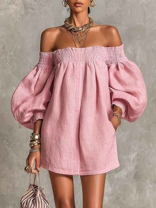 Violette | Robe mini trapèze rose à manches lanterne et épaules dénudées