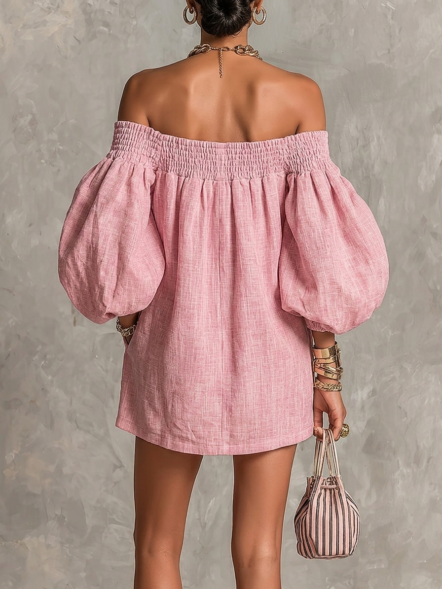 Violette | Robe mini trapèze rose à manches lanterne et épaules dénudées