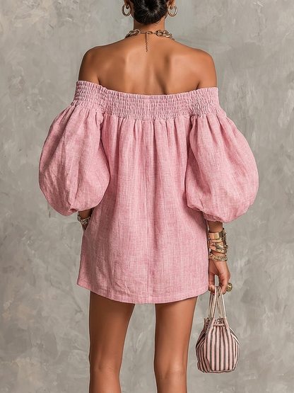 Violette | Robe mini trapèze rose à manches lanterne et épaules dénudées