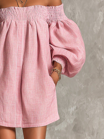 Violette | Robe mini trapèze rose à manches lanterne et épaules dénudées