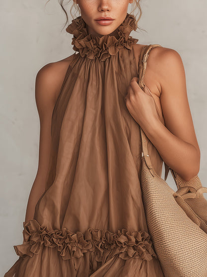 Bettina | Robe mini marron sans manches en mousseline, col dos nu et volants