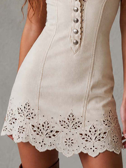 Gabrielle | Robe mini ivoire en dentelle ajourée à décolleté en V