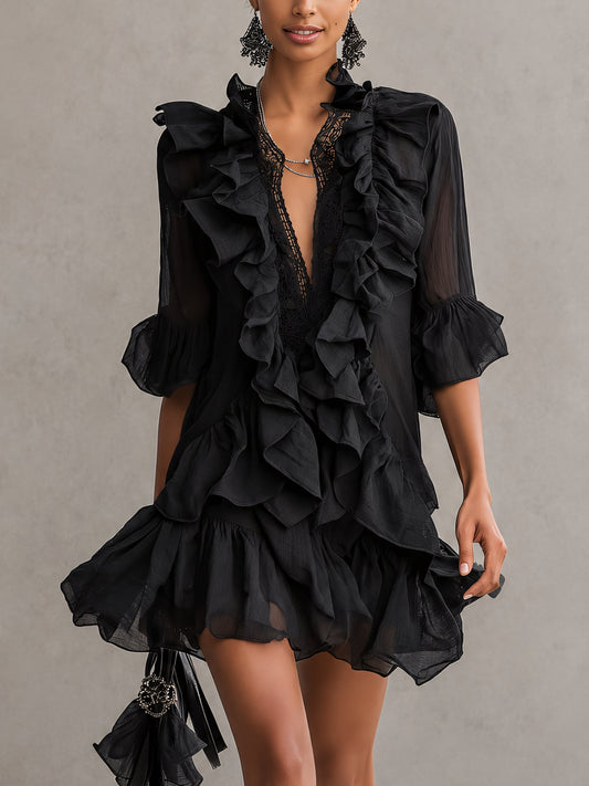 Anaïs | Robe mini noire en mousseline à volants