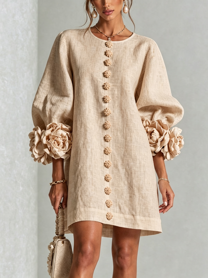 Blanche | Mini Robe Blanche Fleurie à Boutons et Manches Extravagantes