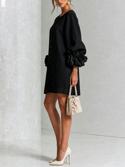 Blanche | Mini Robe Blanche Fleurie à Boutons et Manches Extravagantes