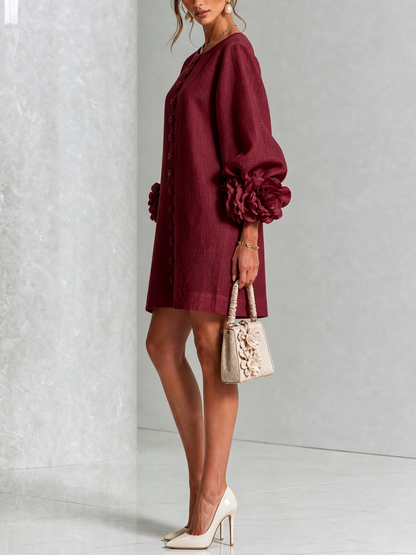 Blanche | Mini Robe Blanche Fleurie à Boutons et Manches Extravagantes