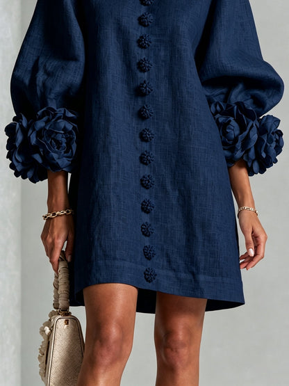 Yolande | Mini Robe Boutonnée Fleurie Bleu Marine à Manches Extravagantes