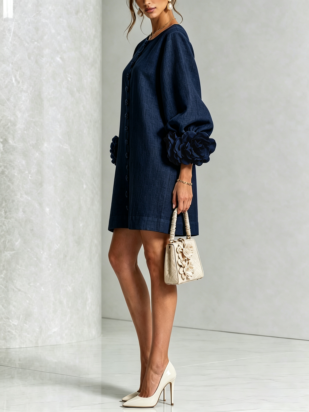 Blanche | Mini Robe Blanche Fleurie à Boutons et Manches Extravagantes