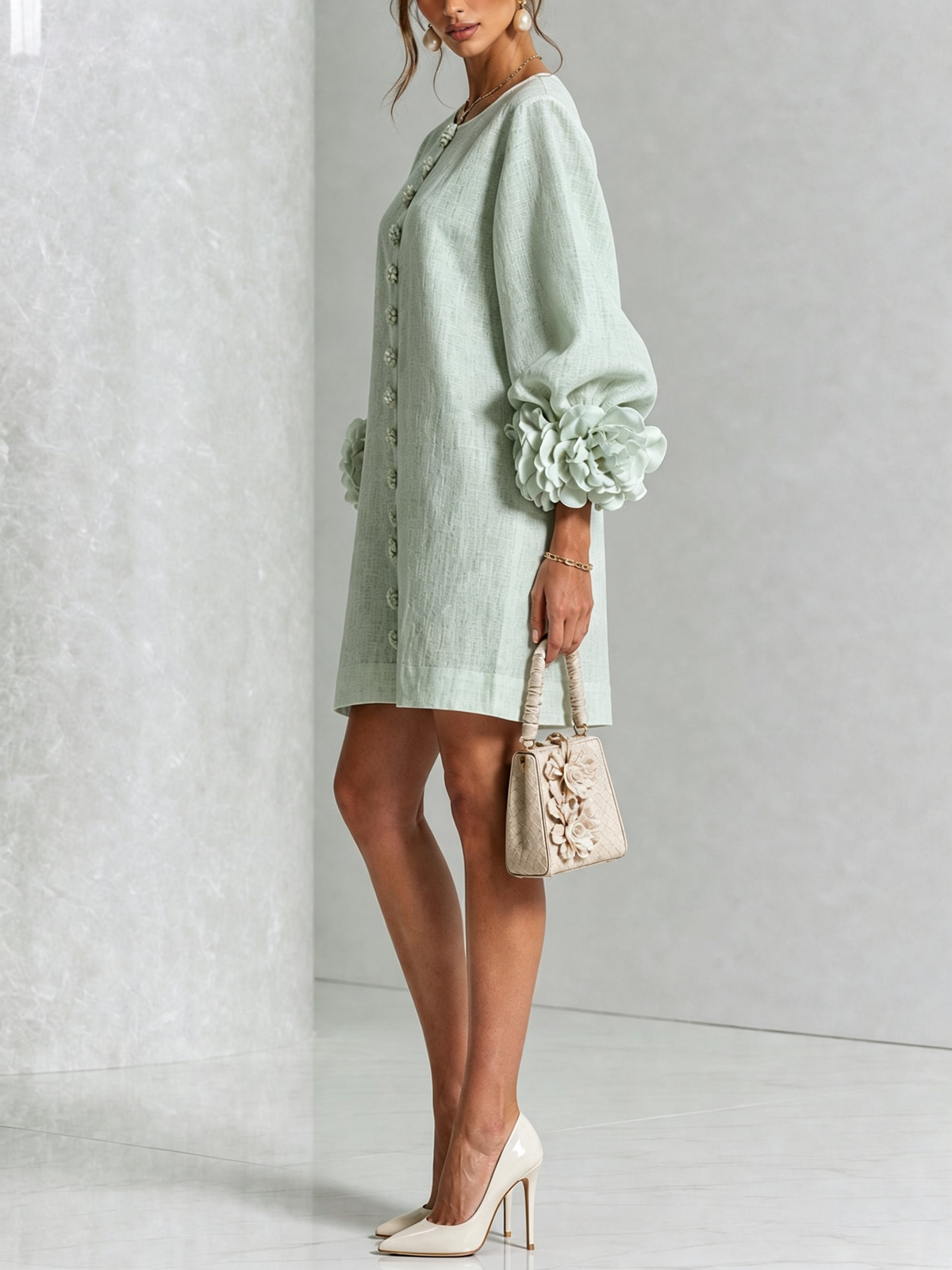 Blanche | Mini Robe Blanche Fleurie à Boutons et Manches Extravagantes