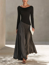 Anouk | Robe Maxi Plissée Bicolore Noir et Gris à Col Drapé