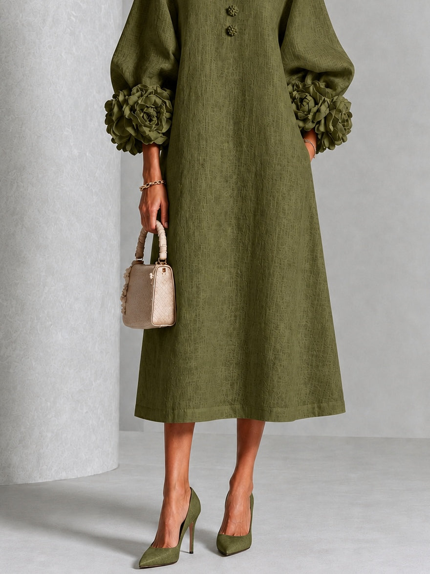 Viviane | Robe Midi en Viscose Boutonnée à Manches Fleuries Extravagantes