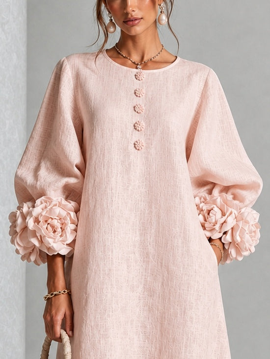 Rosine | Robe Midi Boutonnée Fleurie Rose à Manches Extravagantes