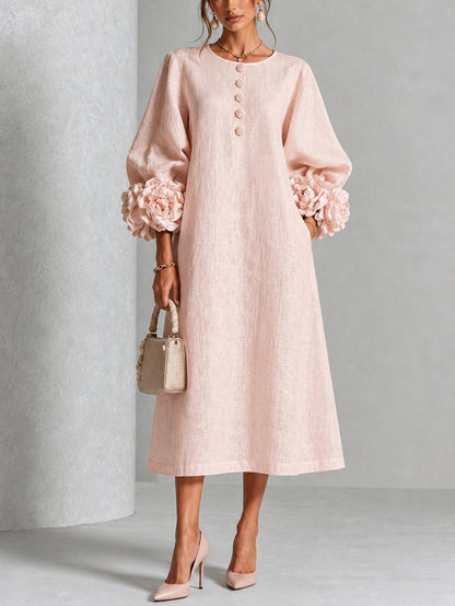 Rosine | Robe Midi Boutonnée Fleurie Rose à Manches Extravagantes