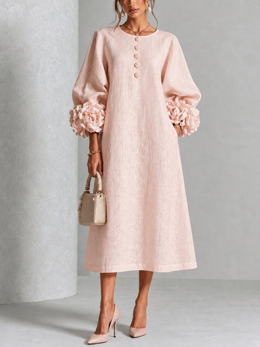 Rosine | Robe Midi Boutonnée Fleurie Rose à Manches Extravagantes