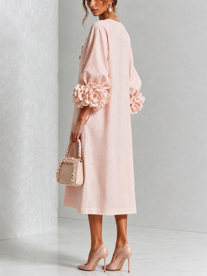 Rosine | Robe Midi Boutonnée Fleurie Rose à Manches Extravagantes