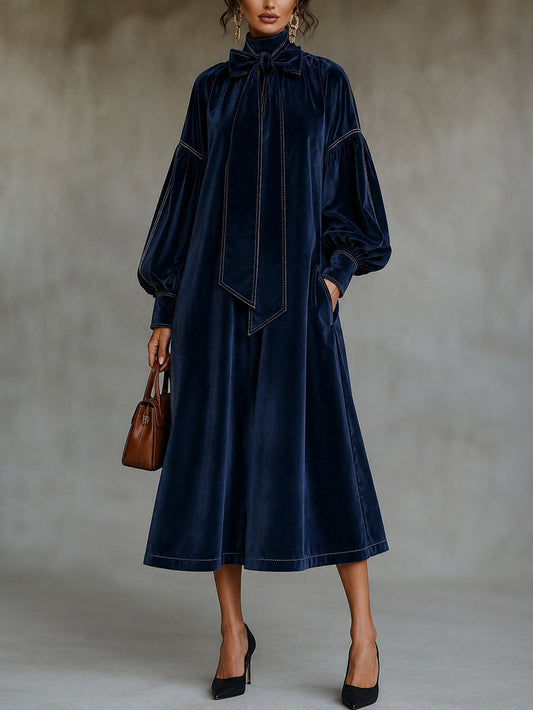 Morgane | Robe Midi en Velours Bleu Marine à Détail Nœud et Manches Ballon
