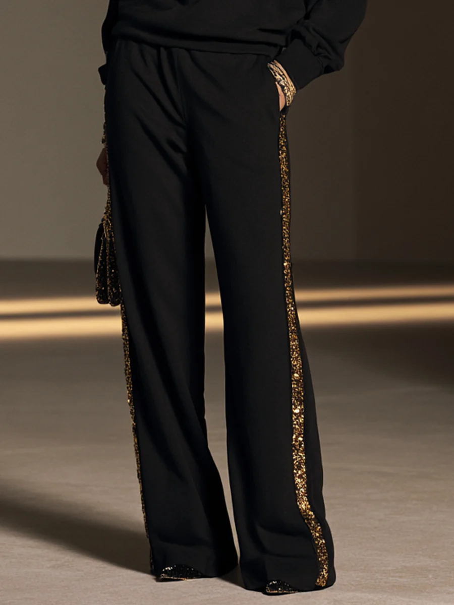Flavie | Ensemble Haut Col Bateau à Bordure de Sequins Dorés et Pantalon Large Noir