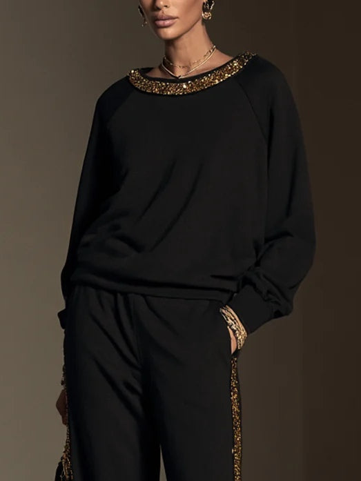 Flavie | Ensemble Haut Col Bateau à Bordure de Sequins Dorés et Pantalon Large Noir