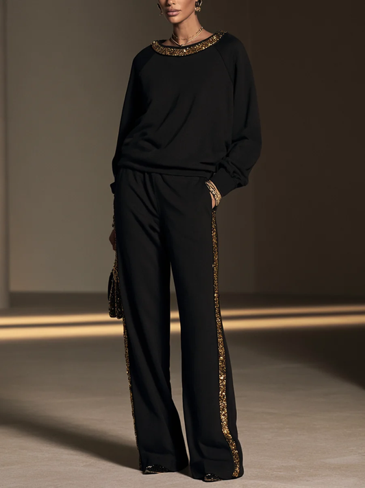 Flavie | Ensemble Haut Col Bateau à Bordure de Sequins Dorés et Pantalon Large Noir
