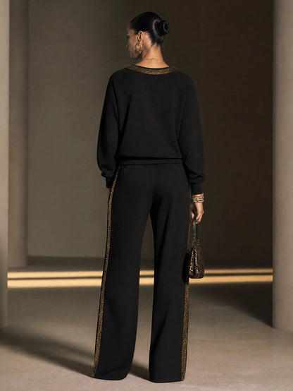 Flavie | Ensemble Haut Col Bateau à Bordure de Sequins Dorés et Pantalon Large Noir