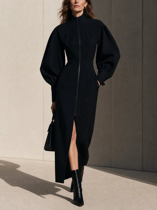 Huguette | Robe Midi Noire à Zip Devant et Manches Ballon Bouffantes