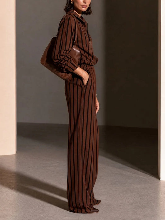 Iris | Ensemble Haut Demi-Zip Rayé Marron et Noir et Pantalon Large à Taille Élastique