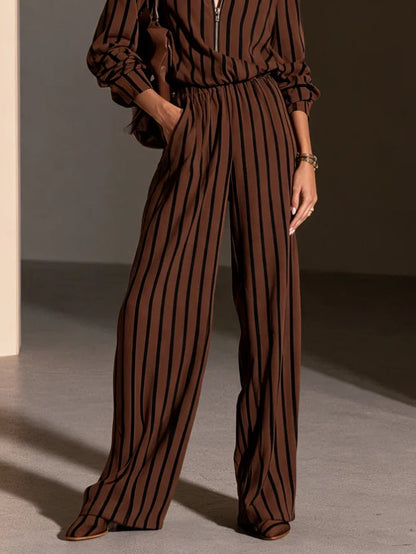 Iris | Ensemble Haut Demi-Zip Rayé Marron et Noir et Pantalon Large à Taille Élastique