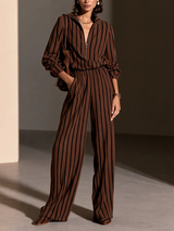 Iris | Ensemble Haut Demi-Zip Rayé Marron et Noir et Pantalon Large à Taille Élastique