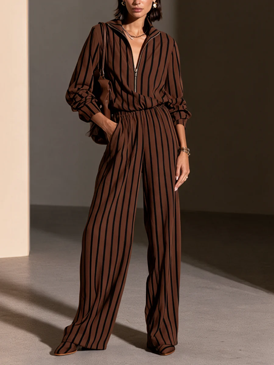 Iris | Ensemble Haut Demi-Zip Rayé Marron et Noir et Pantalon Large à Taille Élastique