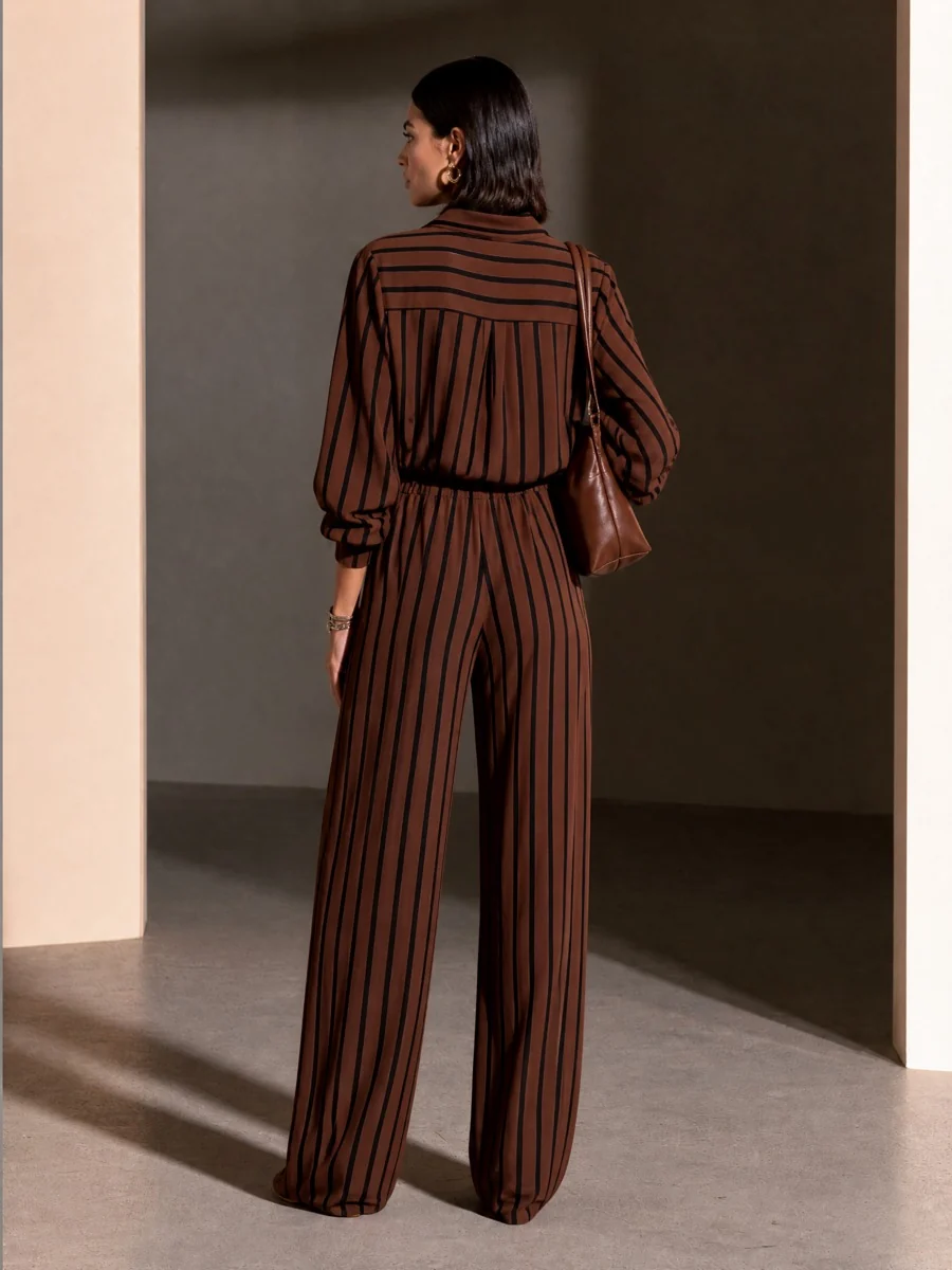 Iris | Ensemble Haut Demi-Zip Rayé Marron et Noir et Pantalon Large à Taille Élastique
