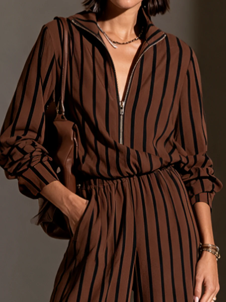 Iris | Ensemble Haut Demi-Zip Rayé Marron et Noir et Pantalon Large à Taille Élastique